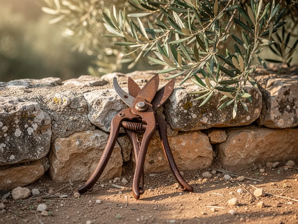 A pair of rusted pruning shears resting on a weathered stone wall, olive branches in soft afternoon sunlight, dusty grou
