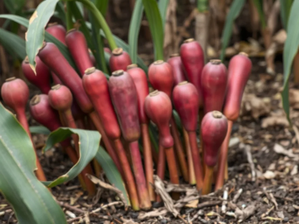 Plant de taro aux grandes feuilles vertes cultivé en pleine terre dans une exploitation maraîchère française.