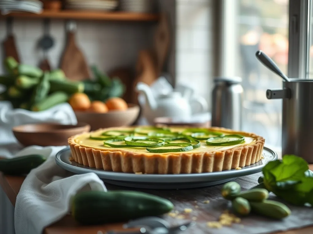 Tarte aux courgettes sur pâte feuilletée dorée, avec des tranches de courgette et du fromage de chèvre fondu