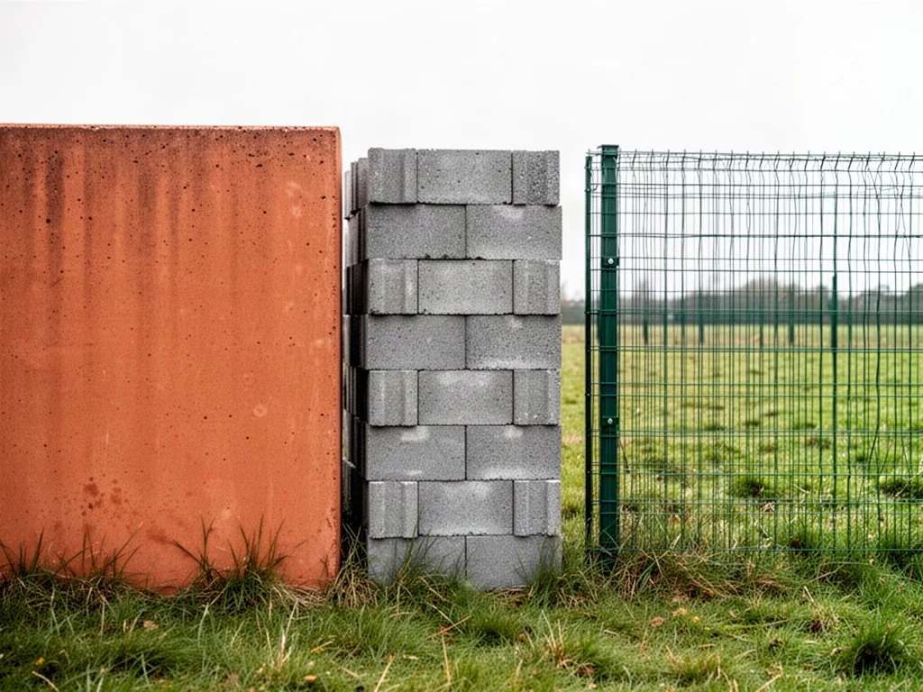 Three fence samples standing side by side in a grassy field: a monolithic terracotta-toned concrete wall, stacked grey c