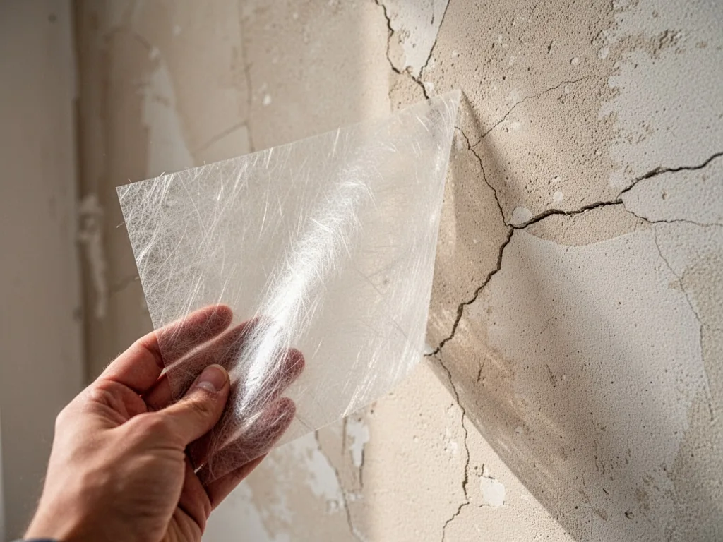 A thin translucent sheet of fiberglass wall covering held sideways against a cracked plaster wall, afternoon light filte