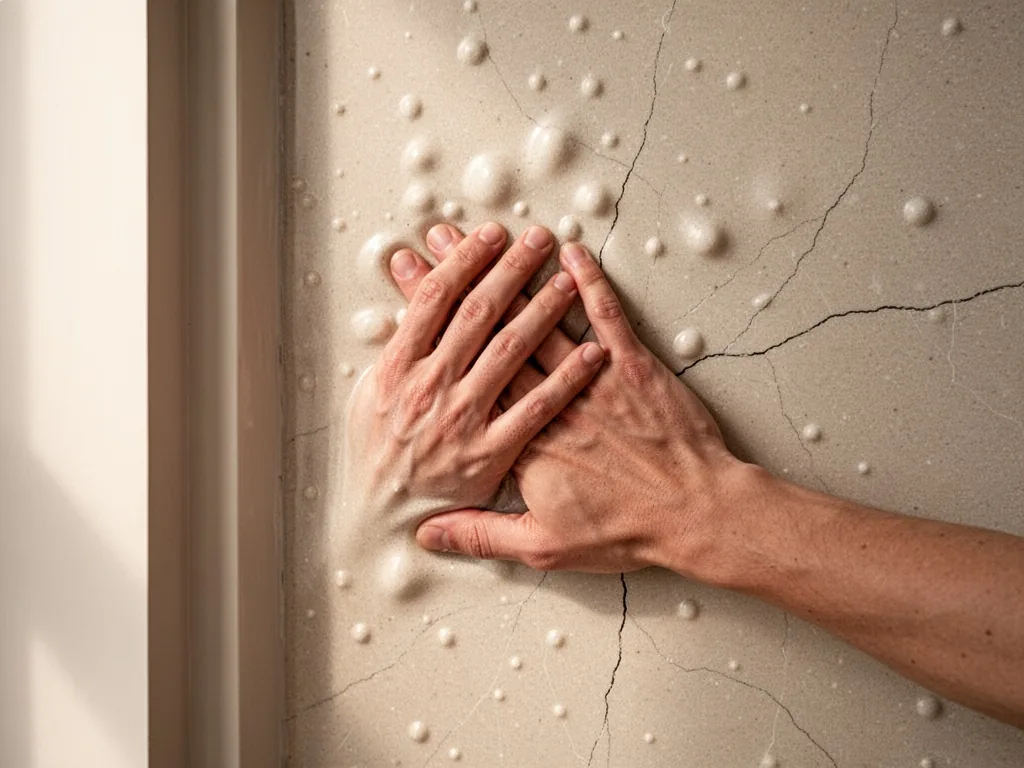 A hand pressing a smooth fiberglass wall covering, revealing raised bumps and hairline cracks underneath, warm interior 