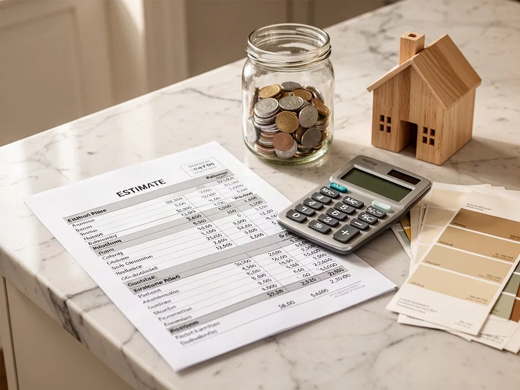 A detailed price estimate sheet on a marble countertop beside a calculator, a glass jar with coins, paint swatches, and 