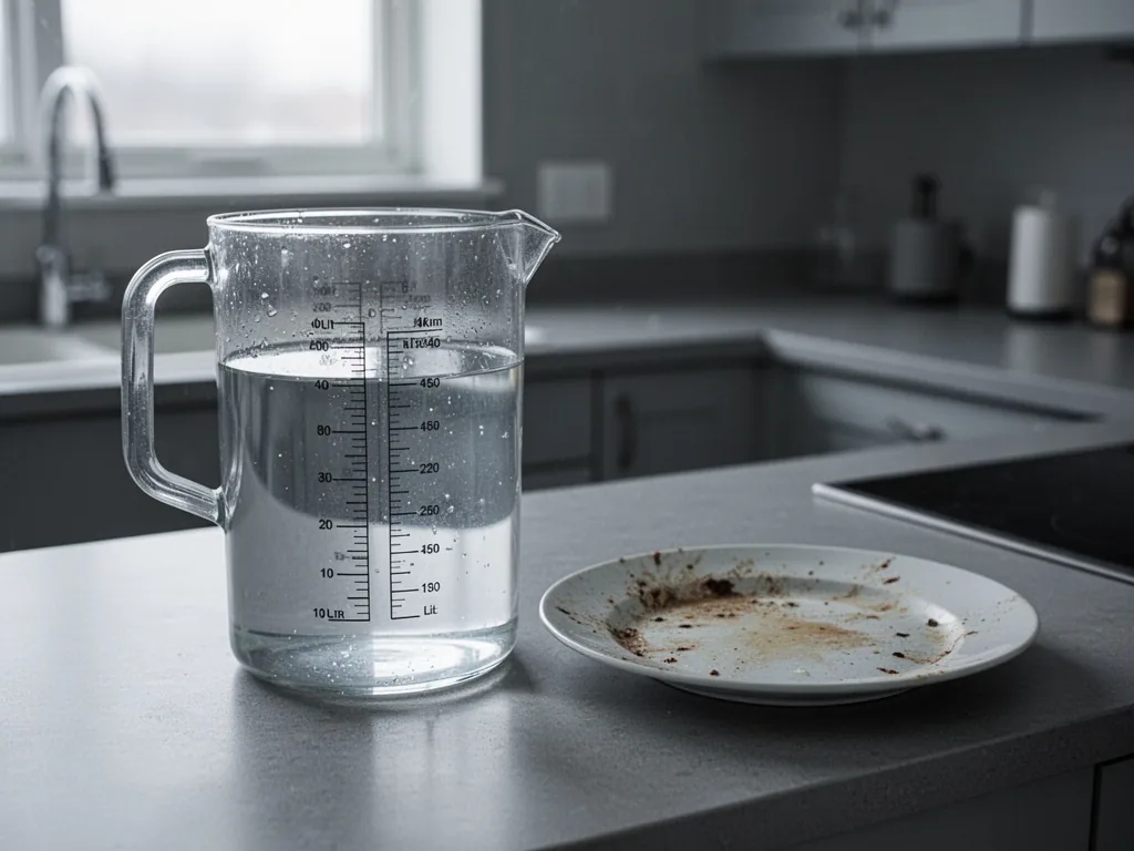 A clear measuring jug filled with exactly 10 liters of water, placed next to a single dirty plate on a kitchen counter,