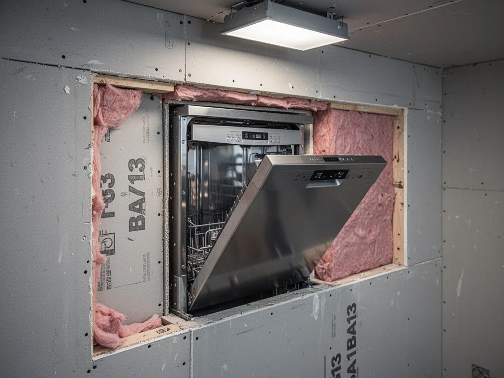 A stainless steel dishwasher partially inserted into a plasterboard wall cavity, cut BA13 panels and pink insulation vis